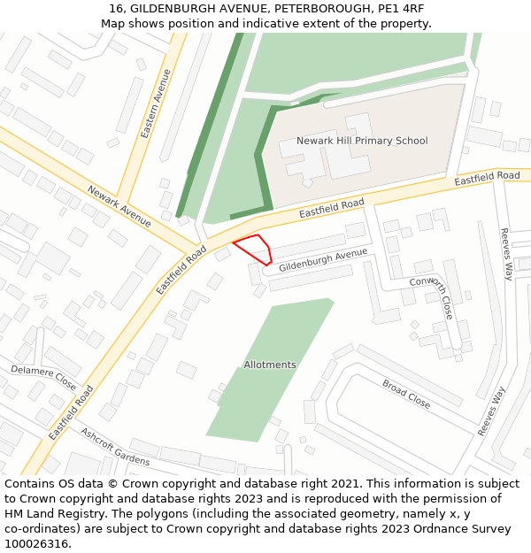 16, GILDENBURGH AVENUE, PETERBOROUGH, PE1 4RF: Location map and indicative extent of plot