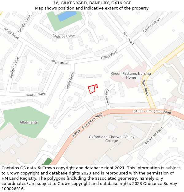 16, GILKES YARD, BANBURY, OX16 9GF: Location map and indicative extent of plot