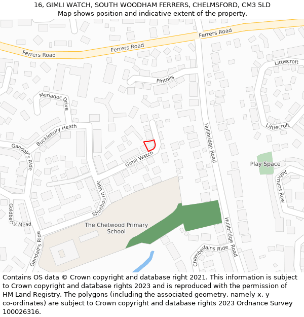 16, GIMLI WATCH, SOUTH WOODHAM FERRERS, CHELMSFORD, CM3 5LD: Location map and indicative extent of plot