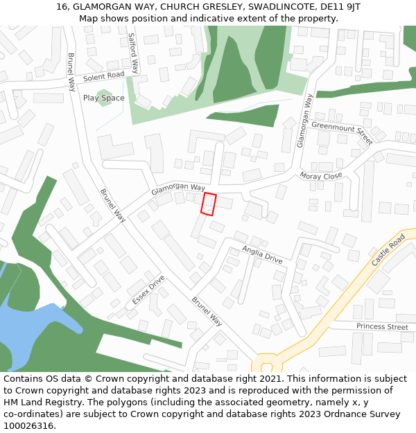 16, GLAMORGAN WAY, CHURCH GRESLEY, SWADLINCOTE, DE11 9JT: Location map and indicative extent of plot