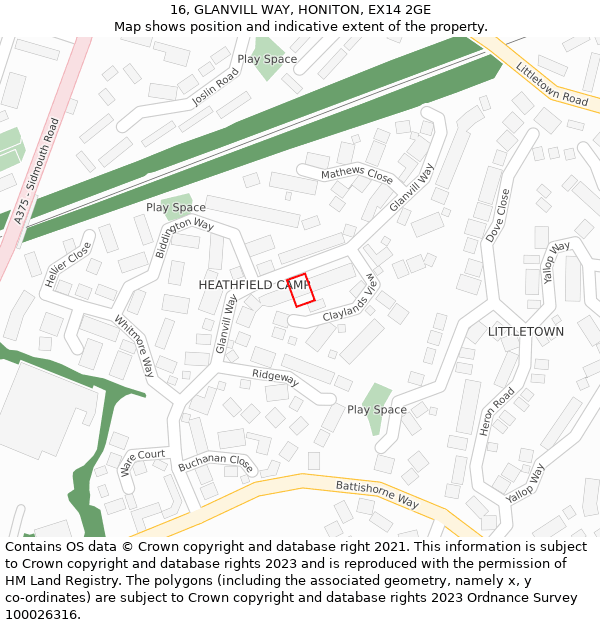 16, GLANVILL WAY, HONITON, EX14 2GE: Location map and indicative extent of plot