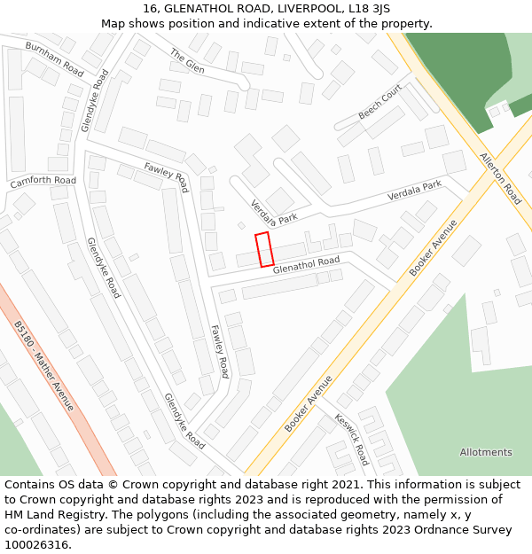 16, GLENATHOL ROAD, LIVERPOOL, L18 3JS: Location map and indicative extent of plot