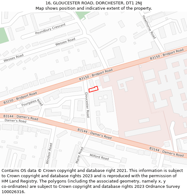 16, GLOUCESTER ROAD, DORCHESTER, DT1 2NJ: Location map and indicative extent of plot