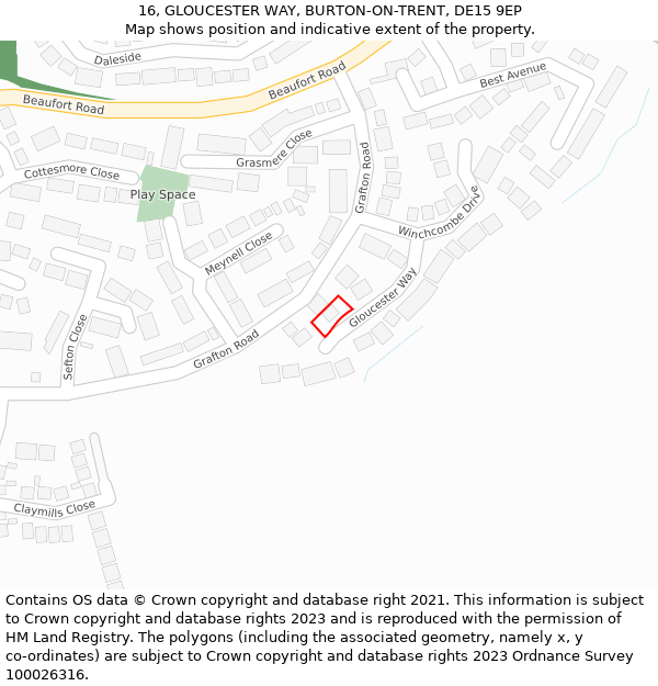 16, GLOUCESTER WAY, BURTON-ON-TRENT, DE15 9EP: Location map and indicative extent of plot