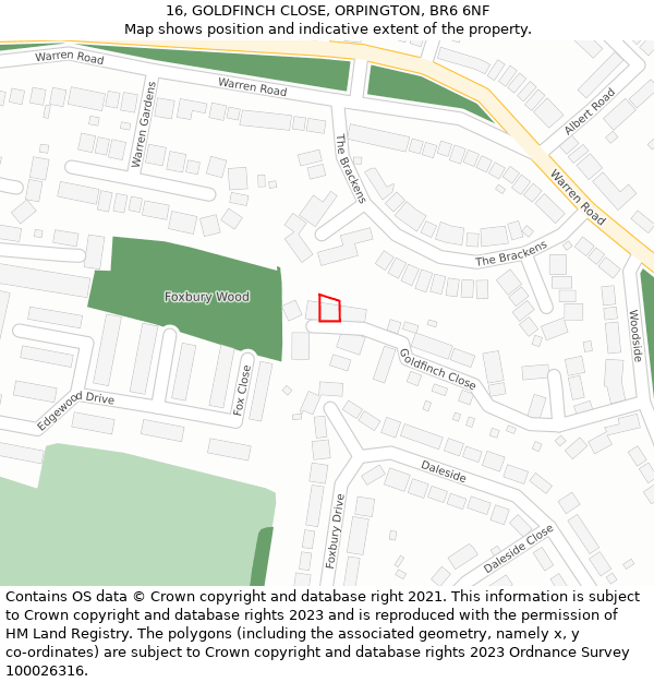 16, GOLDFINCH CLOSE, ORPINGTON, BR6 6NF: Location map and indicative extent of plot