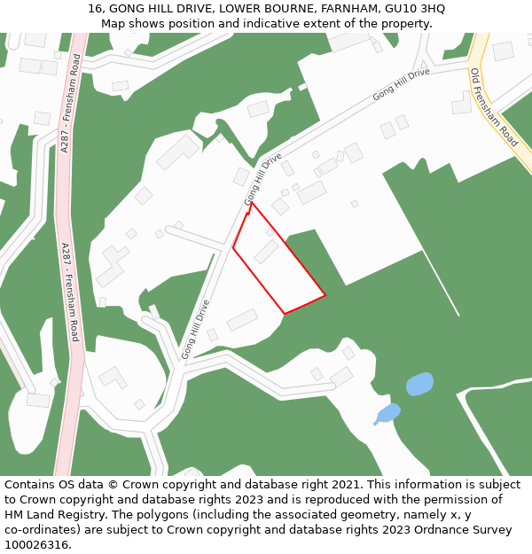 16, GONG HILL DRIVE, LOWER BOURNE, FARNHAM, GU10 3HQ: Location map and indicative extent of plot