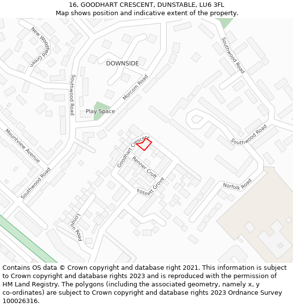 16, GOODHART CRESCENT, DUNSTABLE, LU6 3FL: Location map and indicative extent of plot