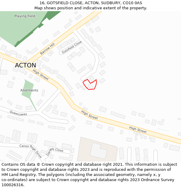 16, GOTSFIELD CLOSE, ACTON, SUDBURY, CO10 0AS: Location map and indicative extent of plot