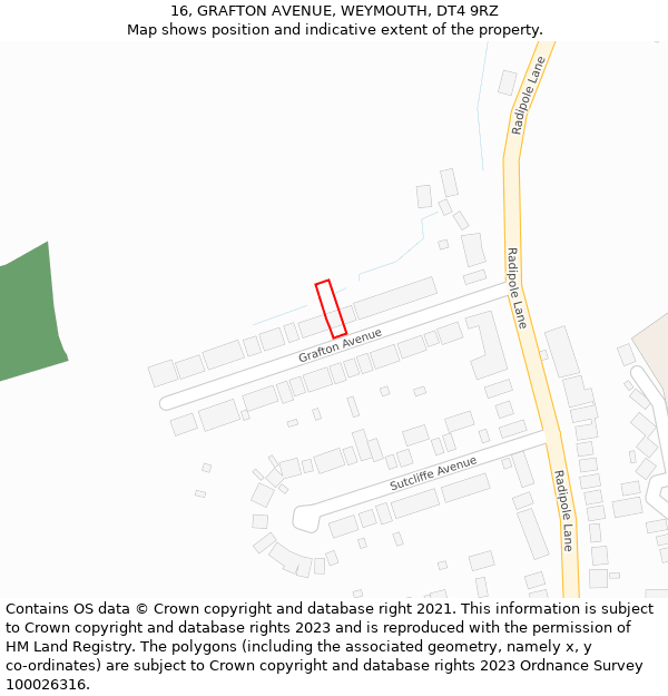 16, GRAFTON AVENUE, WEYMOUTH, DT4 9RZ: Location map and indicative extent of plot