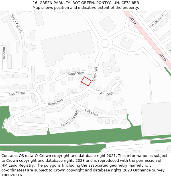 16, GREEN PARK, TALBOT GREEN, PONTYCLUN, CF72 8RB: Location map and indicative extent of plot