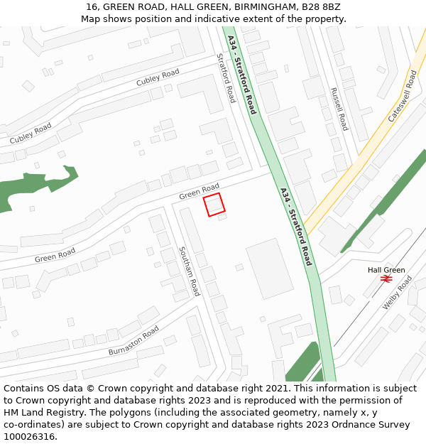 16, GREEN ROAD, HALL GREEN, BIRMINGHAM, B28 8BZ: Location map and indicative extent of plot