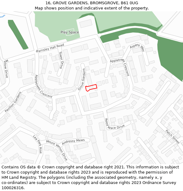 16, GROVE GARDENS, BROMSGROVE, B61 0UG: Location map and indicative extent of plot