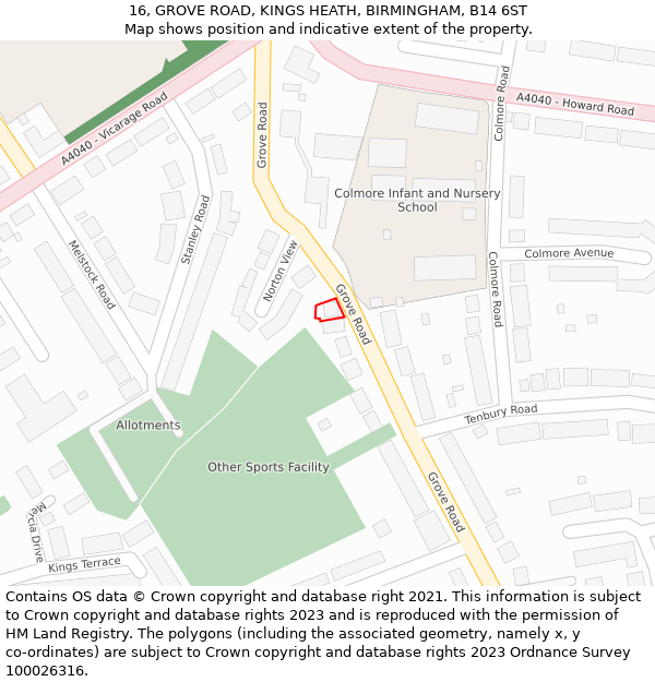 16, GROVE ROAD, KINGS HEATH, BIRMINGHAM, B14 6ST: Location map and indicative extent of plot