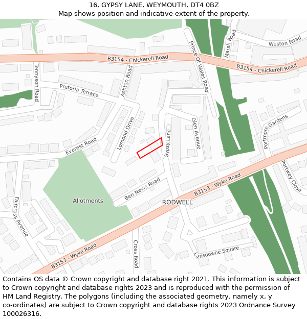 16, GYPSY LANE, WEYMOUTH, DT4 0BZ: Location map and indicative extent of plot