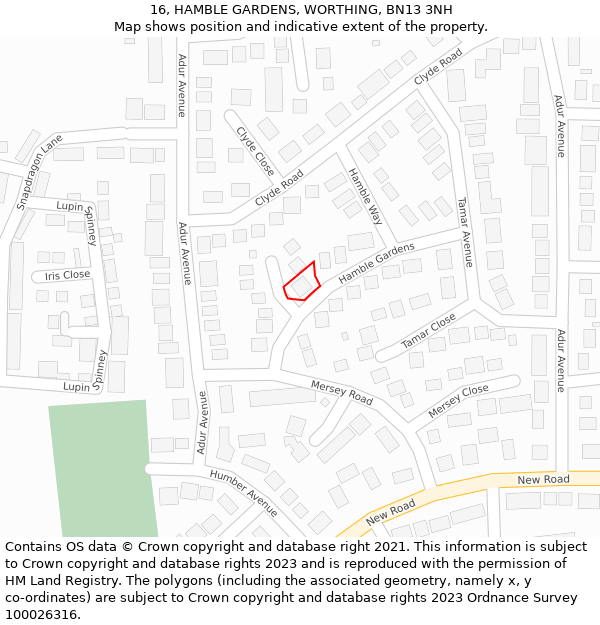 16, HAMBLE GARDENS, WORTHING, BN13 3NH: Location map and indicative extent of plot