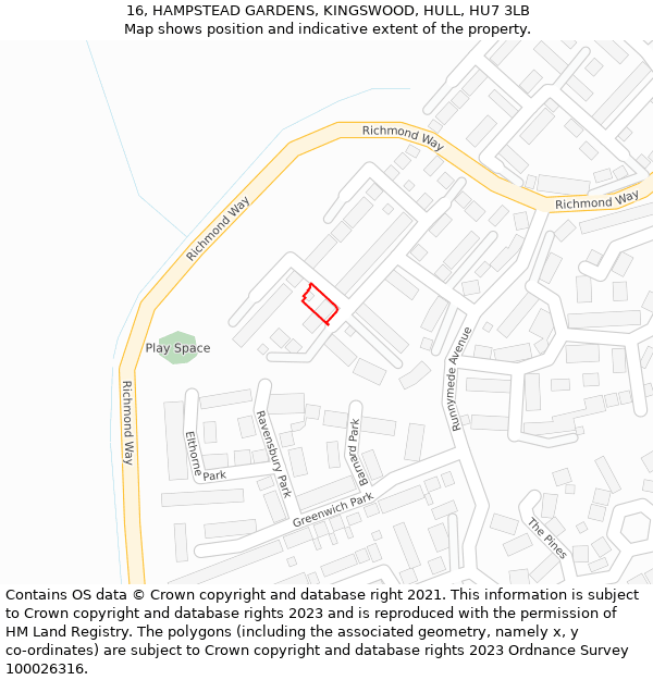 16, HAMPSTEAD GARDENS, KINGSWOOD, HULL, HU7 3LB: Location map and indicative extent of plot