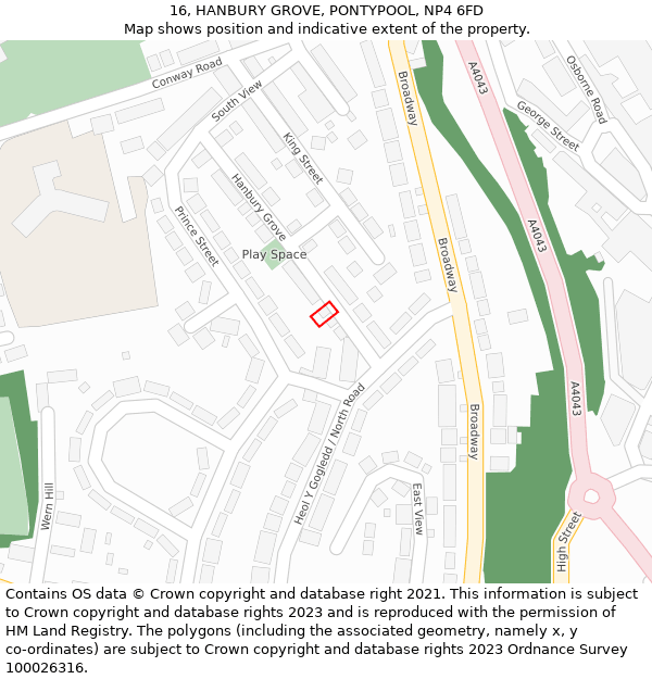 16, HANBURY GROVE, PONTYPOOL, NP4 6FD: Location map and indicative extent of plot