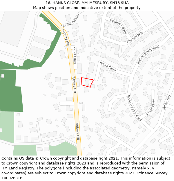 16, HANKS CLOSE, MALMESBURY, SN16 9UA: Location map and indicative extent of plot