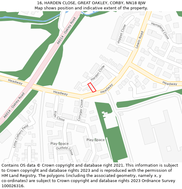 16, HARDEN CLOSE, GREAT OAKLEY, CORBY, NN18 8JW: Location map and indicative extent of plot