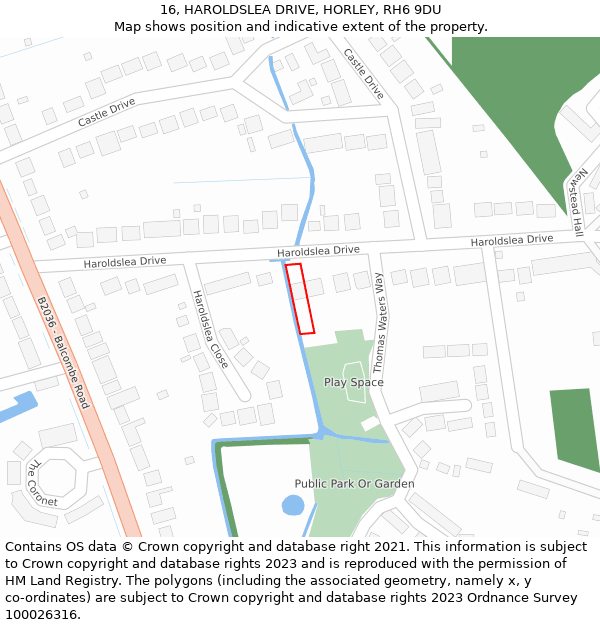 16, HAROLDSLEA DRIVE, HORLEY, RH6 9DU: Location map and indicative extent of plot