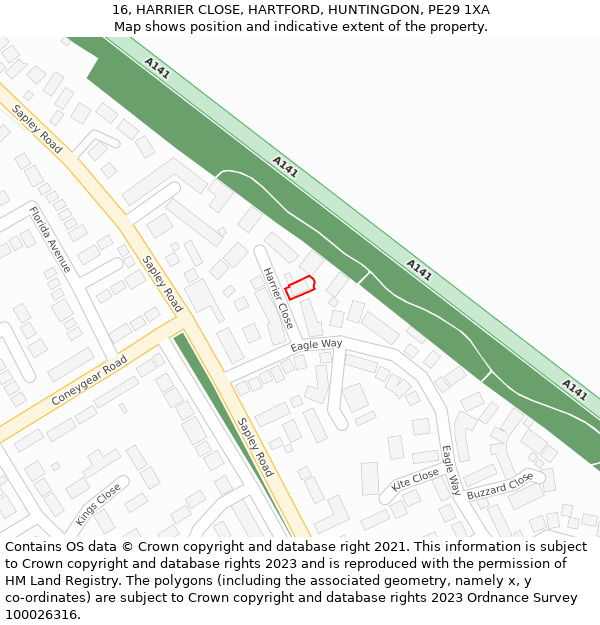 16, HARRIER CLOSE, HARTFORD, HUNTINGDON, PE29 1XA: Location map and indicative extent of plot