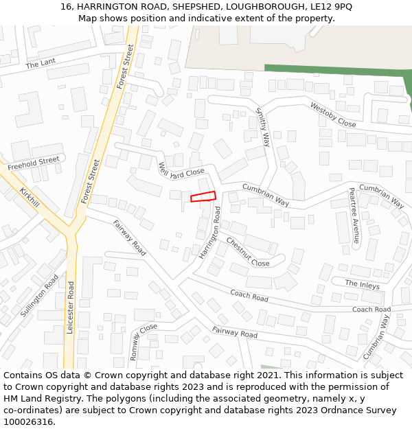 16, HARRINGTON ROAD, SHEPSHED, LOUGHBOROUGH, LE12 9PQ: Location map and indicative extent of plot