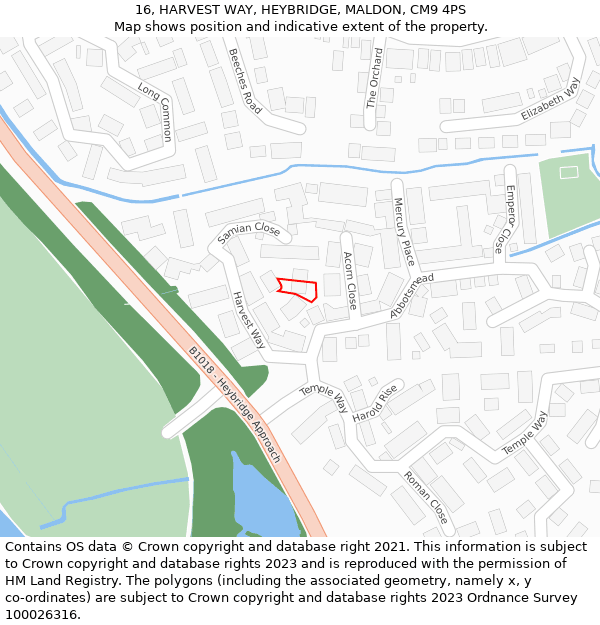 16, HARVEST WAY, HEYBRIDGE, MALDON, CM9 4PS: Location map and indicative extent of plot