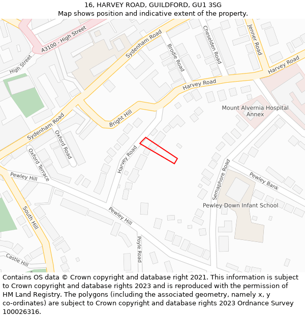 16, HARVEY ROAD, GUILDFORD, GU1 3SG: Location map and indicative extent of plot