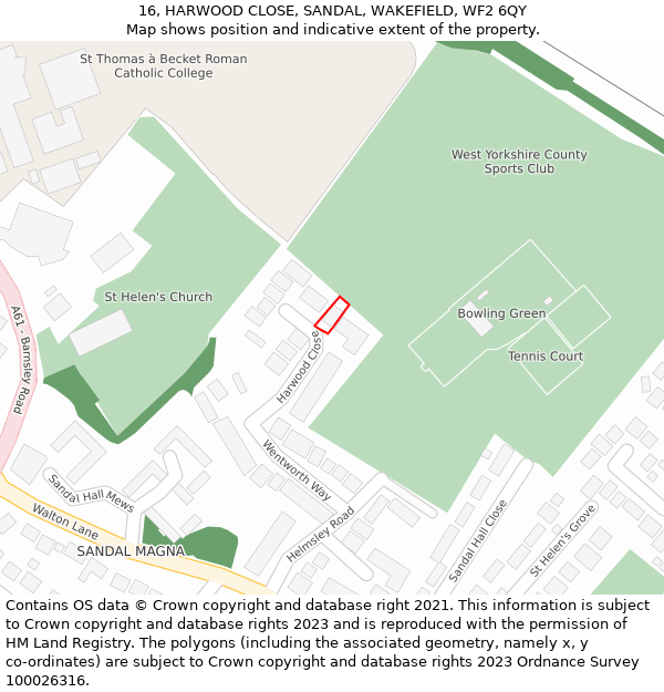 16, HARWOOD CLOSE, SANDAL, WAKEFIELD, WF2 6QY: Location map and indicative extent of plot