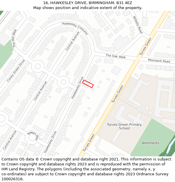 16, HAWKESLEY DRIVE, BIRMINGHAM, B31 4EZ: Location map and indicative extent of plot