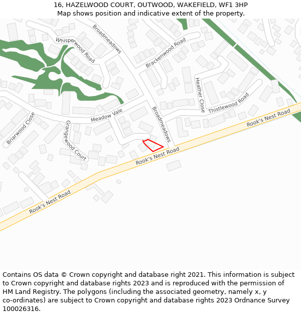 16, HAZELWOOD COURT, OUTWOOD, WAKEFIELD, WF1 3HP: Location map and indicative extent of plot