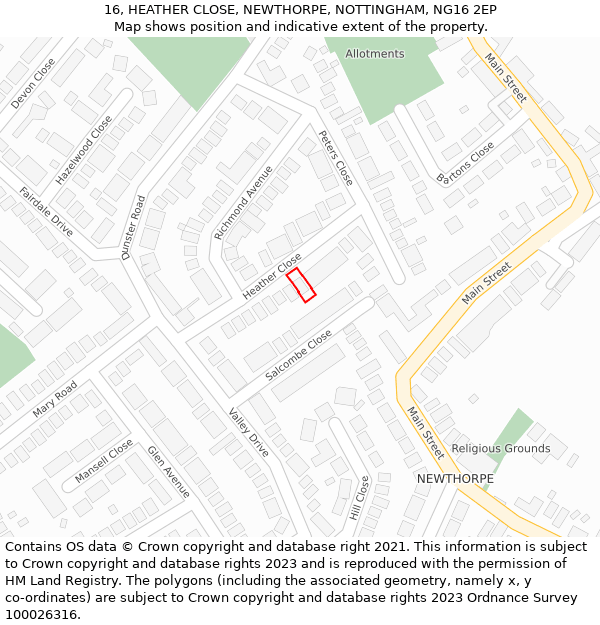 16, HEATHER CLOSE, NEWTHORPE, NOTTINGHAM, NG16 2EP: Location map and indicative extent of plot