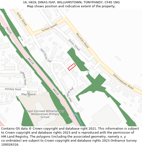 16, HEOL DINAS ISAF, WILLIAMSTOWN, TONYPANDY, CF40 1NG: Location map and indicative extent of plot