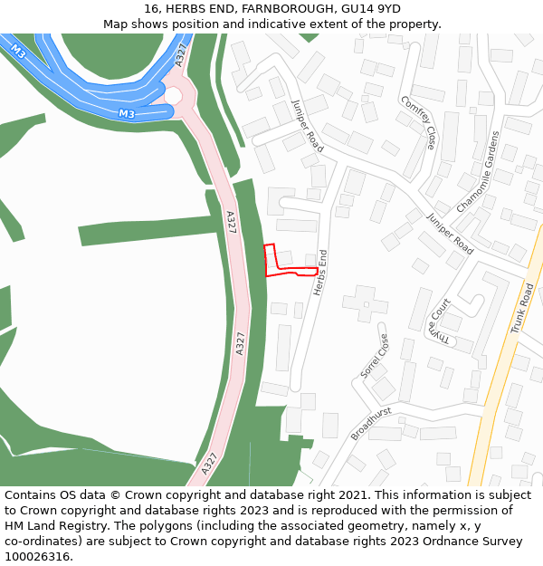 16, HERBS END, FARNBOROUGH, GU14 9YD: Location map and indicative extent of plot