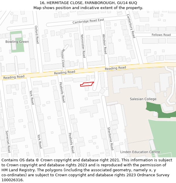 16, HERMITAGE CLOSE, FARNBOROUGH, GU14 6UQ: Location map and indicative extent of plot