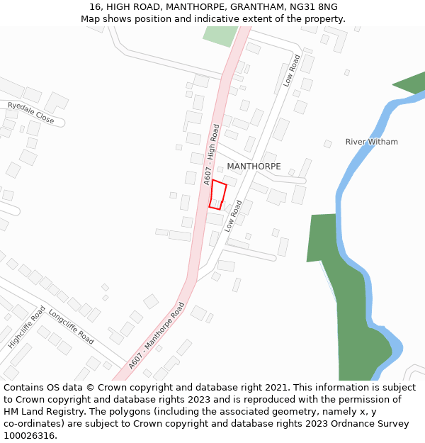 16, HIGH ROAD, MANTHORPE, GRANTHAM, NG31 8NG: Location map and indicative extent of plot