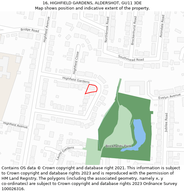 16, HIGHFIELD GARDENS, ALDERSHOT, GU11 3DE: Location map and indicative extent of plot