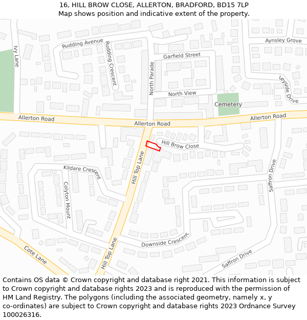 16, HILL BROW CLOSE, ALLERTON, BRADFORD, BD15 7LP: Location map and indicative extent of plot