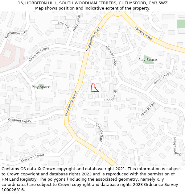 16, HOBBITON HILL, SOUTH WOODHAM FERRERS, CHELMSFORD, CM3 5WZ: Location map and indicative extent of plot