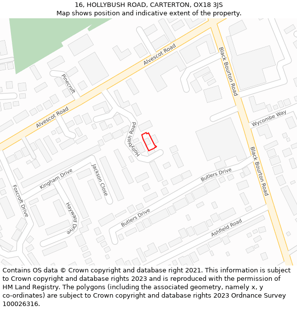 16, HOLLYBUSH ROAD, CARTERTON, OX18 3JS: Location map and indicative extent of plot