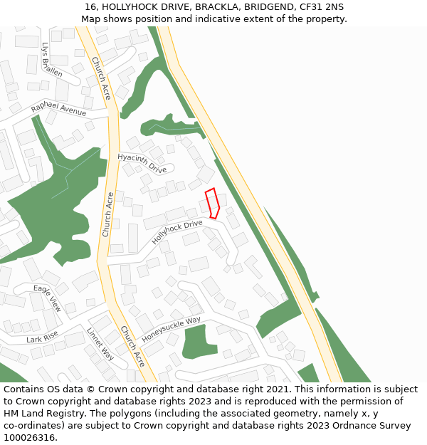16, HOLLYHOCK DRIVE, BRACKLA, BRIDGEND, CF31 2NS: Location map and indicative extent of plot