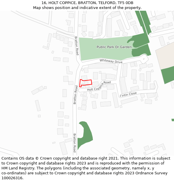 16, HOLT COPPICE, BRATTON, TELFORD, TF5 0DB: Location map and indicative extent of plot