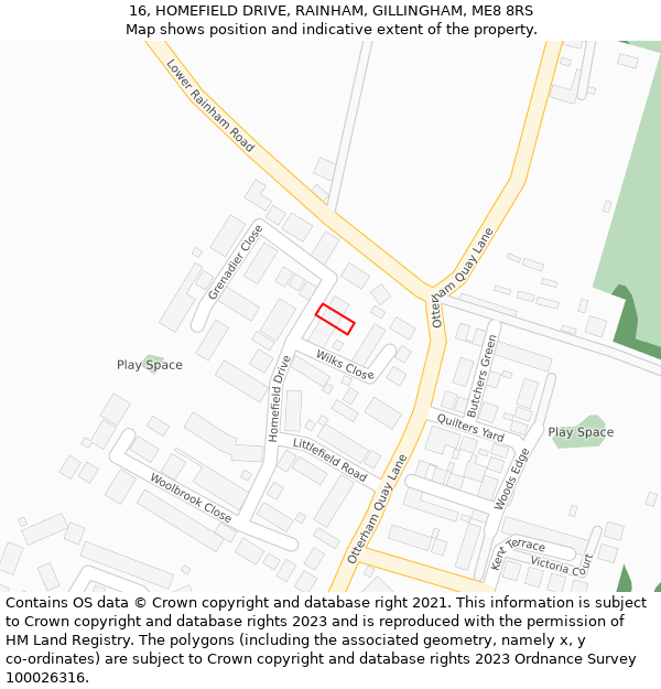 16, HOMEFIELD DRIVE, RAINHAM, GILLINGHAM, ME8 8RS: Location map and indicative extent of plot