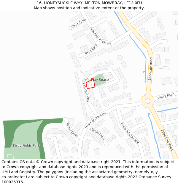 16, HONEYSUCKLE WAY, MELTON MOWBRAY, LE13 0FU: Location map and indicative extent of plot