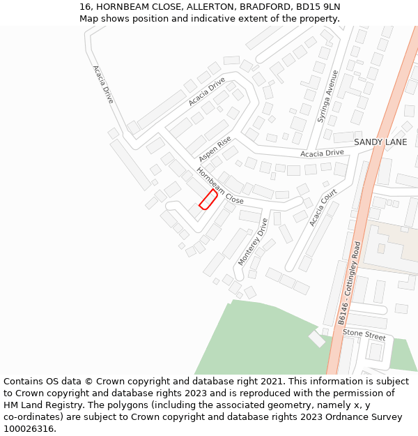 16, HORNBEAM CLOSE, ALLERTON, BRADFORD, BD15 9LN: Location map and indicative extent of plot