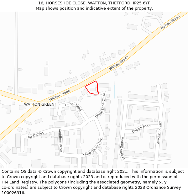 16, HORSESHOE CLOSE, WATTON, THETFORD, IP25 6YF: Location map and indicative extent of plot