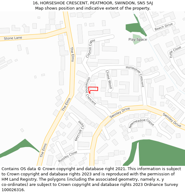 16, HORSESHOE CRESCENT, PEATMOOR, SWINDON, SN5 5AJ: Location map and indicative extent of plot