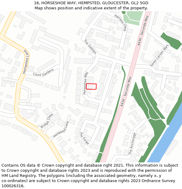 16, HORSESHOE WAY, HEMPSTED, GLOUCESTER, GL2 5GD: Location map and indicative extent of plot