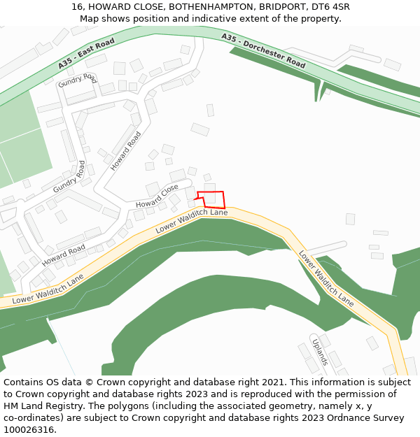 16, HOWARD CLOSE, BOTHENHAMPTON, BRIDPORT, DT6 4SR: Location map and indicative extent of plot