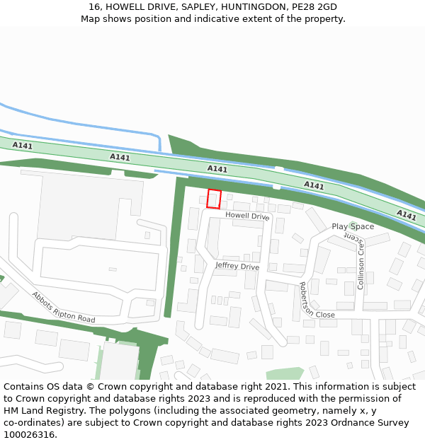 16, HOWELL DRIVE, SAPLEY, HUNTINGDON, PE28 2GD: Location map and indicative extent of plot